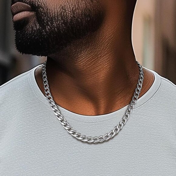 Cuban Link Necklace for Men, Silver/Black/Gold Plated Stainless Steel Mens Chain - Picture 2 of 6